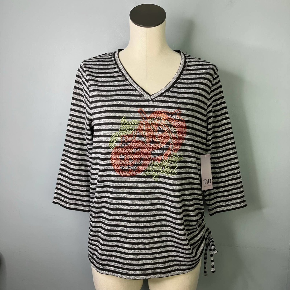 THOMAS & Olivia Rhinestone Pumpkin Jack O Lantern Halloween Striped Top Size S